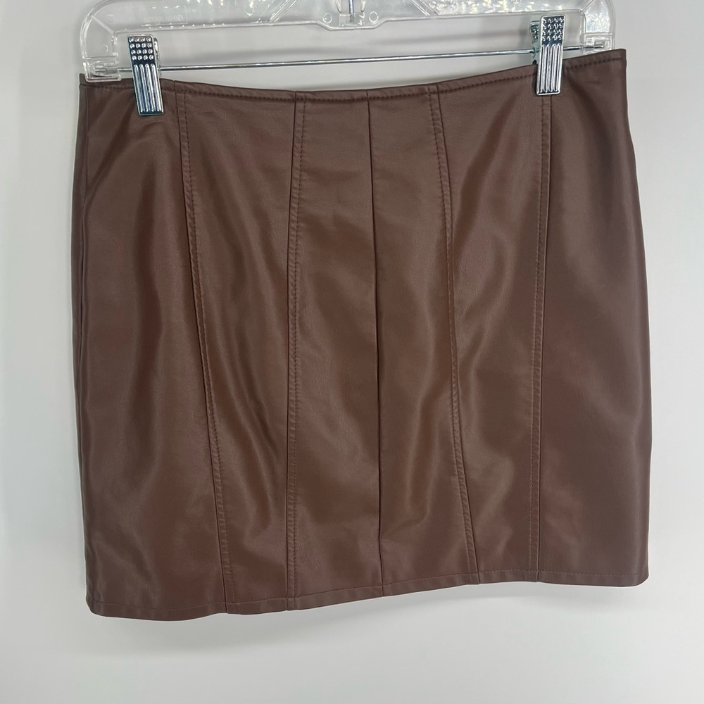 Free People Layla Vegan Faux Leather Mini Skirt Brown Brownstone Zipper 8 Eight - Picture 4 of 10